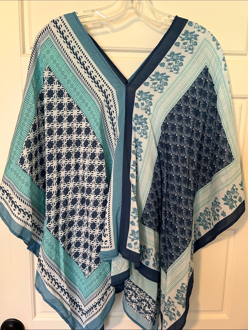 Chico's Teal & Navy Mixed-Print V-Neck Poncho